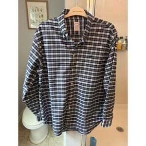 Brooks Brothers Men's Large Traditional Fit Plaid Button Down Shirt Navy Cotton